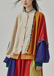 Organic Stand Collar Ruffled Patchwork Cotton Coats Lantern Sleeve