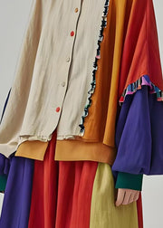 Organic Stand Collar Ruffled Patchwork Cotton Coats Lantern Sleeve