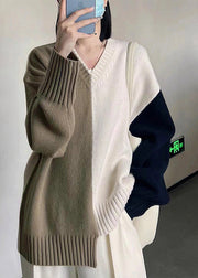 Organic V Neck Asymmetrical Patchwork Thick Knit Sweater Fall