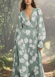 Organic V Neck Print Loose Chiffon Maxi Dresses Spring