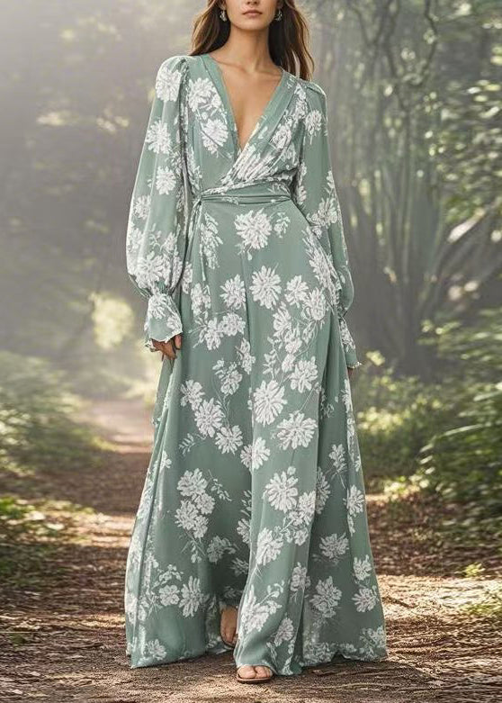 Organic V Neck Print Loose Chiffon Maxi Dresses Spring