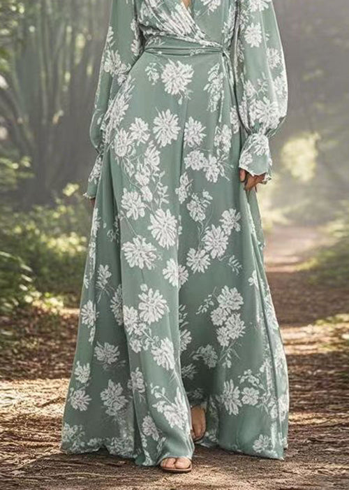 Organic V Neck Print Loose Chiffon Maxi Dresses Spring