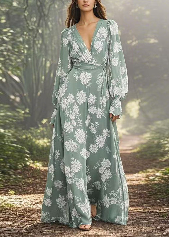 Organic V Neck Print Loose Chiffon Maxi Dresses Spring