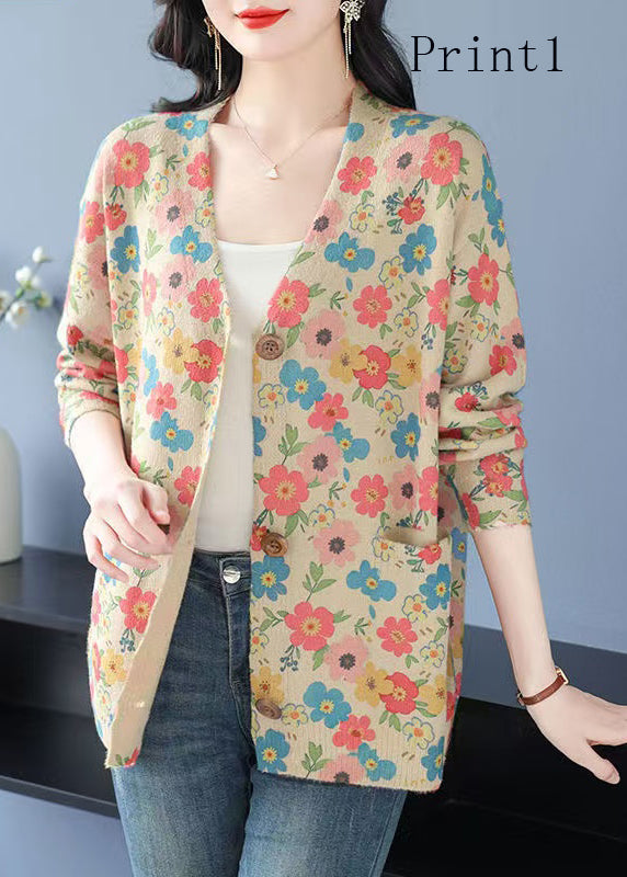 Organic V Neck Print Pockets Woolen Cardigan Spring