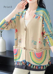 Organic V Neck Print Pockets Woolen Cardigan Spring