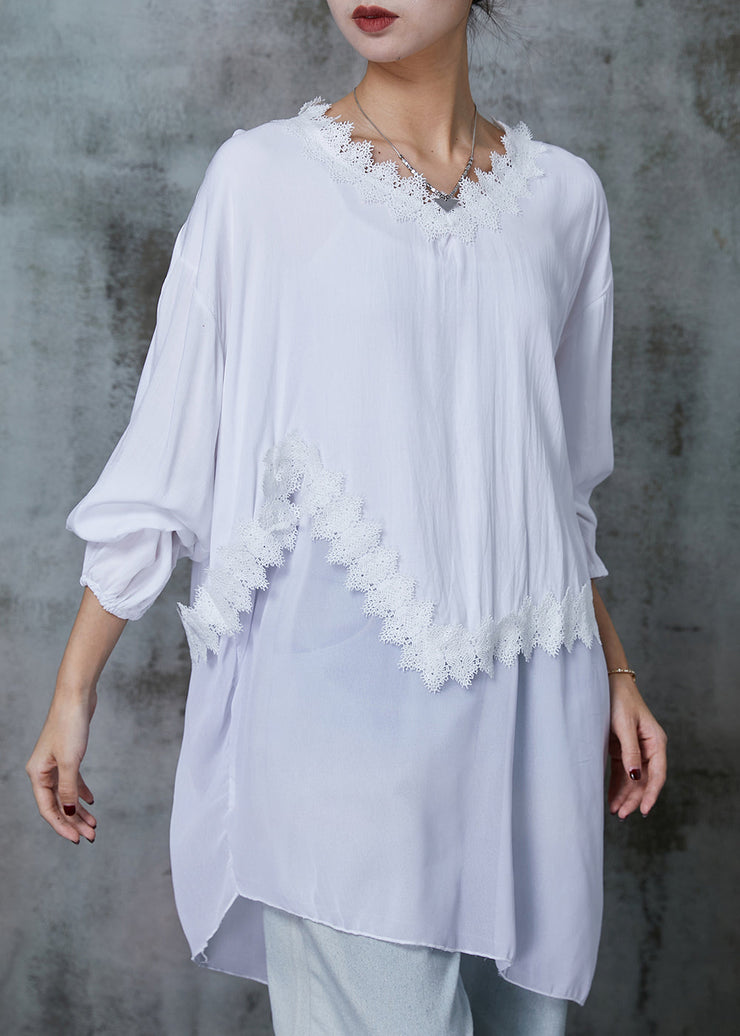 Organic White Asymmetrical Patchwork Lace Cotton Shirt Top Spring