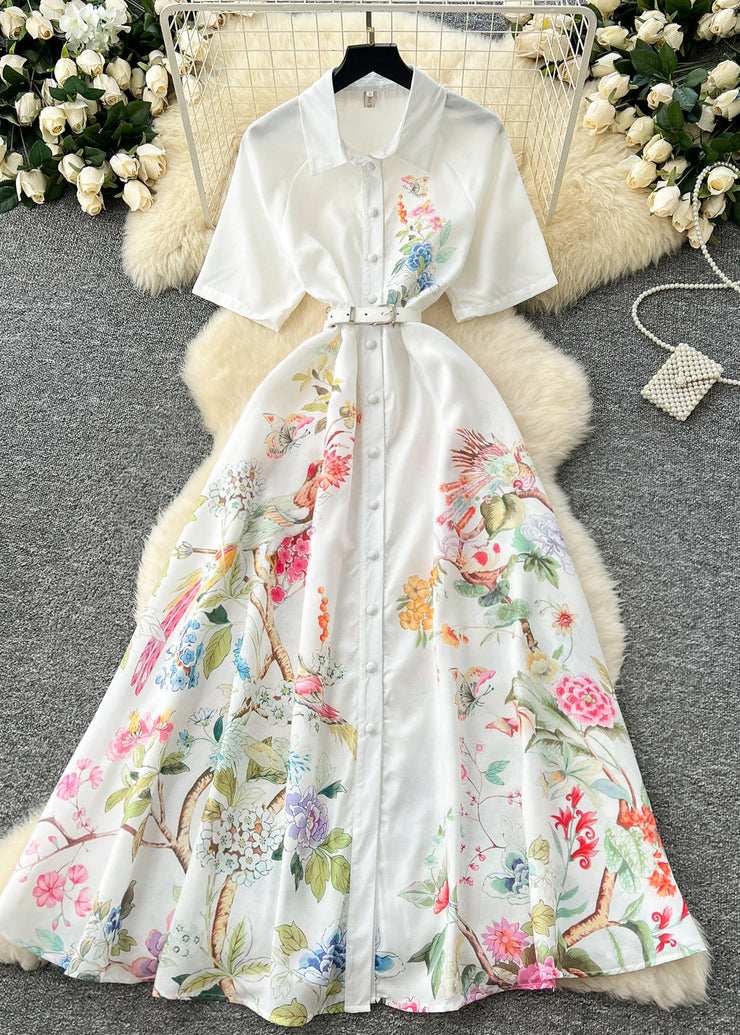 Organic White Cinched Print Chiffon Long Dress Summer