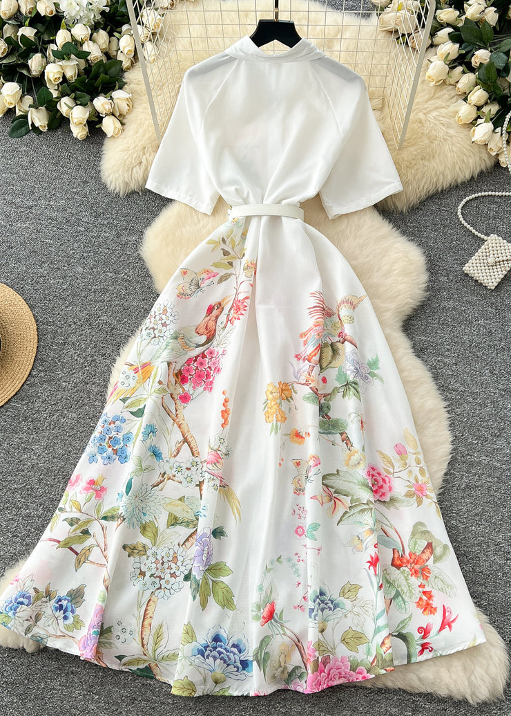 Organic White Cinched Print Chiffon Long Dress Summer