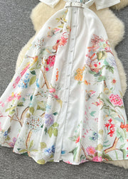 Organic White Cinched Print Chiffon Long Dress Summer