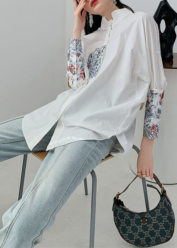 Organic White Embroideried Patchwork Cotton Shirt Spring