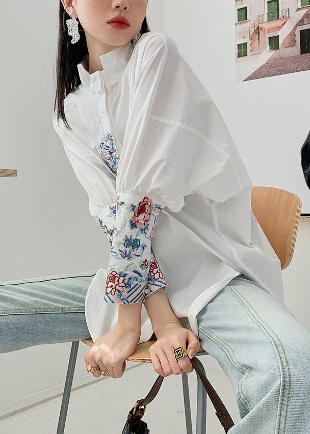 Organic White Embroideried Patchwork Cotton Shirt Spring