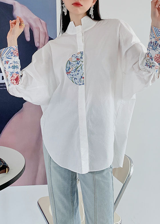 Organic White Embroideried Patchwork Cotton Shirt Spring