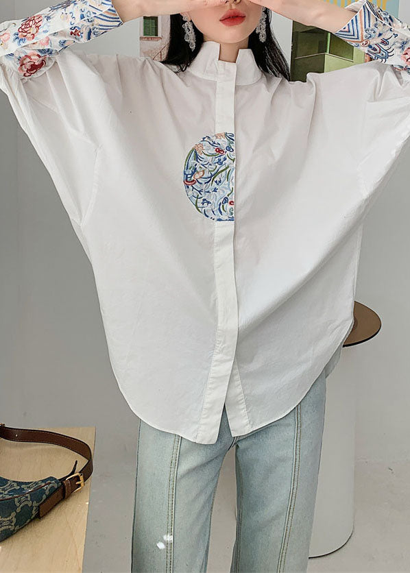 Organic White Embroideried Patchwork Cotton Shirt Spring