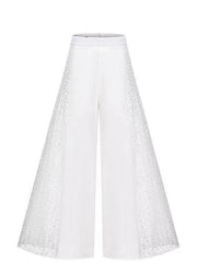 Organic White Hollow Out High Waist Lace Patchwork Chiffon Wide Leg Pants Spring