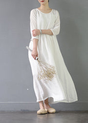 Organic White O Neck Wrinkled Patchwork Long Cotton Dress Spring