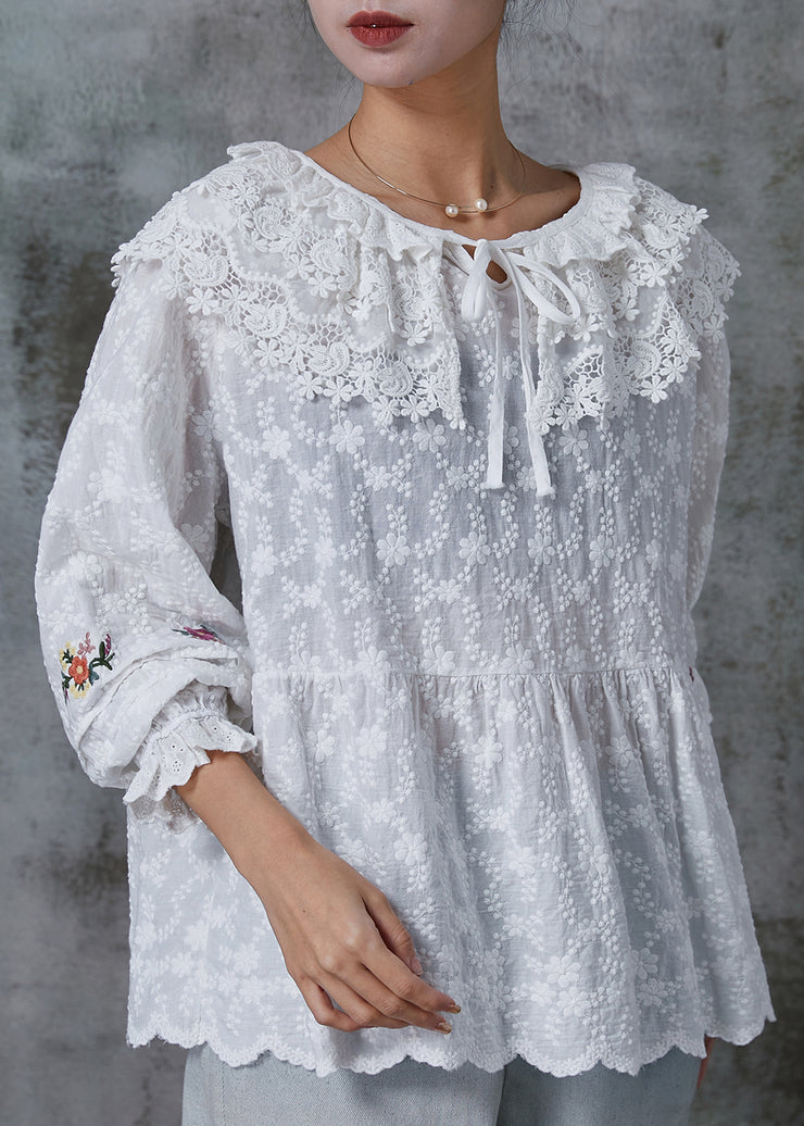 Organic White Peter Pan Collar Embroidered Cotton Top Spring