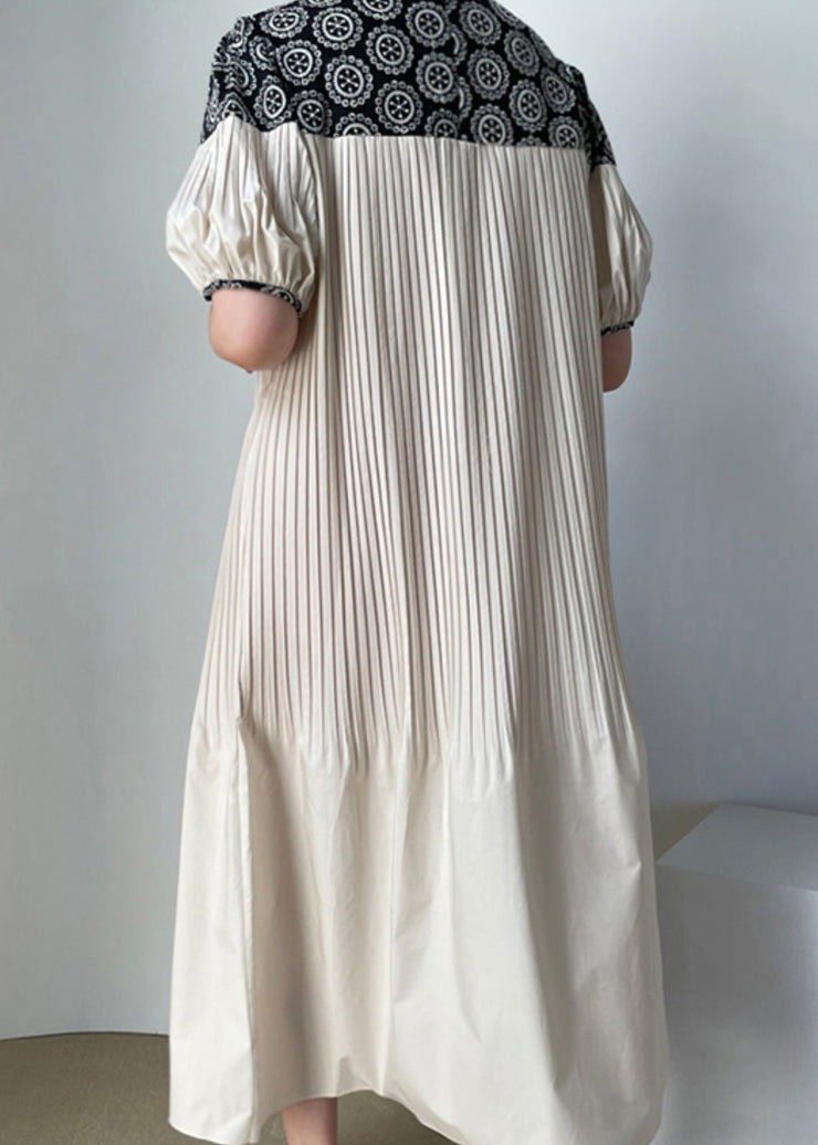 Organic White Puff Sleeve Patchwork Cotton Pleated Dress Summer