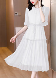 Organic White Ruffled Patchwork Drawstring Silk Dress Summer