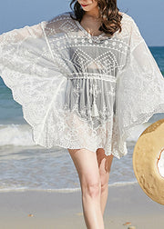 Organic White V Neck Lace Bikini Cover Ups Long Sleeve