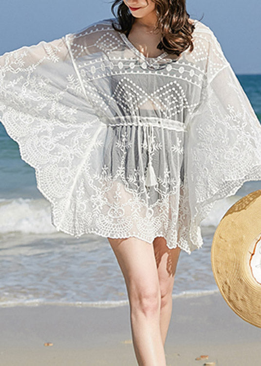 Organic White V Neck Lace Bikini Cover Ups Long Sleeve