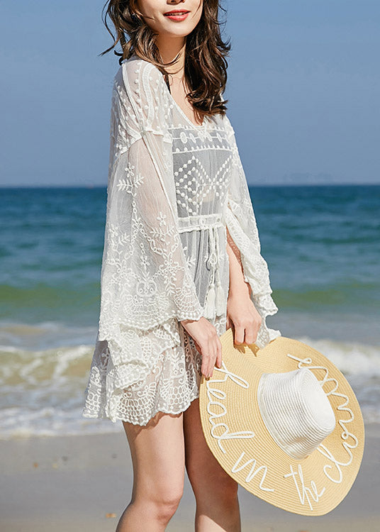 Organic White V Neck Lace Bikini Cover Ups Long Sleeve