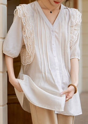 Organic White V Neck Patchwork Hollow Out Silk Shirts Short Sleeve