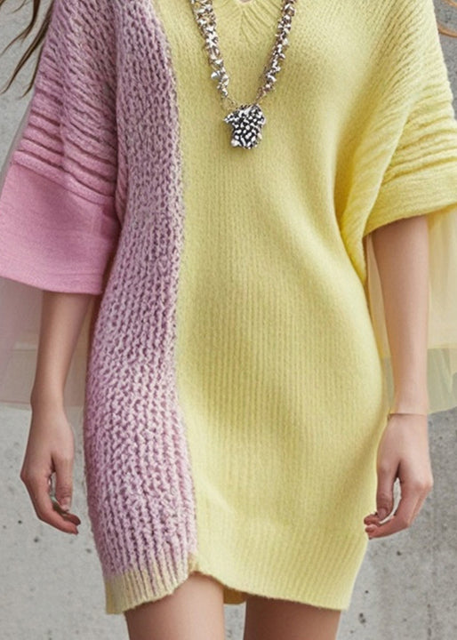 Organic Yellow Asymmetrical Patchwork Tulle Sweater Dress Fall