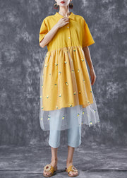 Organic Yellow Embroideried Patchwork Tulle Cotton Dress Summer