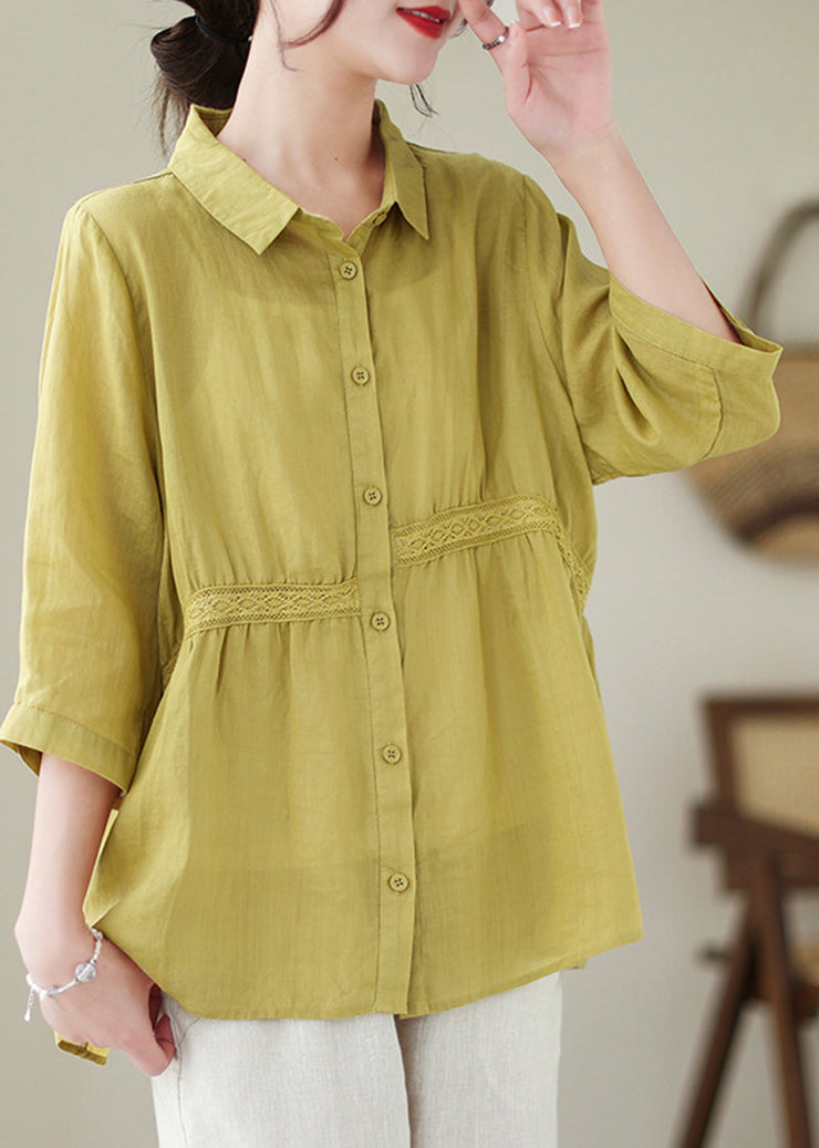 Organic Yellow Green Peter Pan Collar Lace Patchwork Cotton Shirts Half Sleeve