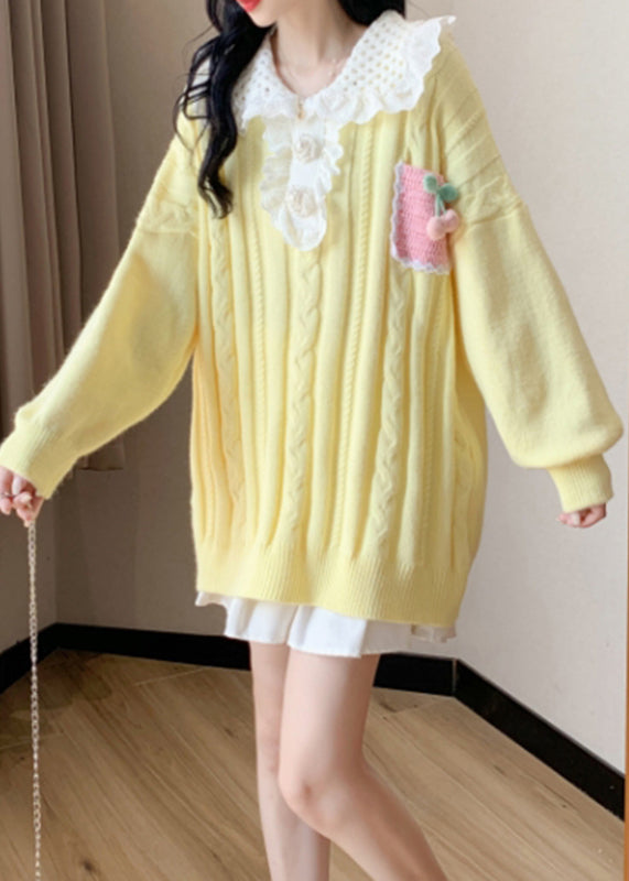 Organic Yellow Hollow Out Cozy Cotton Knit Sweater Spring