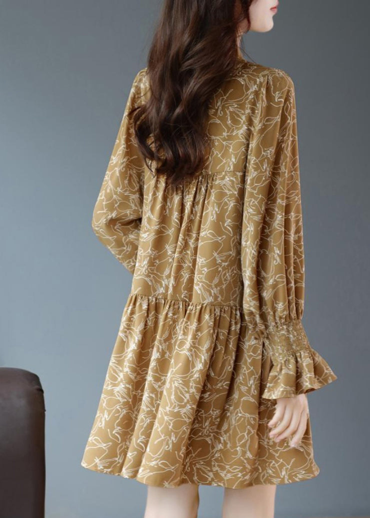 Organic Yellow Lace Up Print Chiffon Mid Dresses Long Sleeve