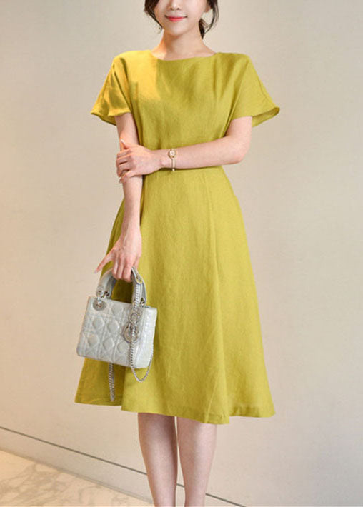 Organic Yellow O Neck Bow Wrinkled Cotton Mid Dress Summer