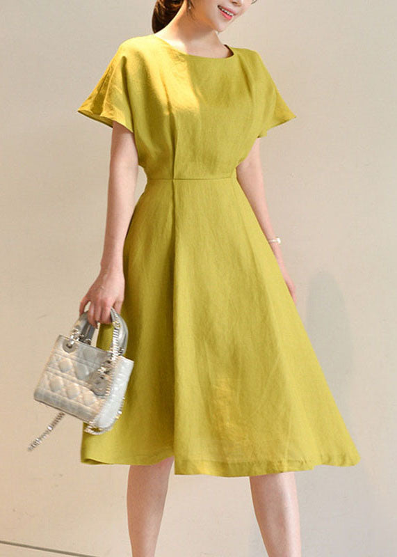 Organic Yellow O Neck Bow Wrinkled Cotton Mid Dress Summer