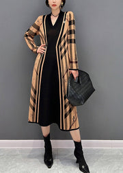 Organic Yellow Patchwork Black V Neck Striped Knit Dresses Fall