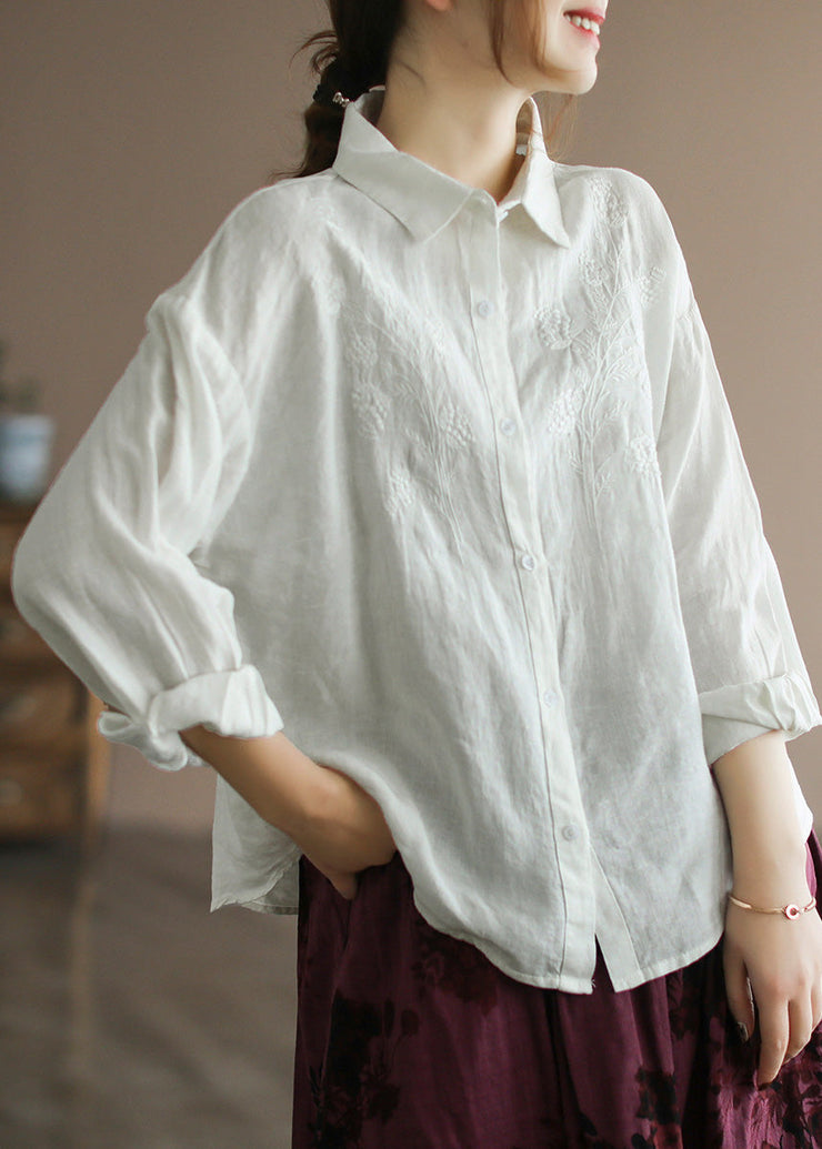 Organic Yellow Peter Pan Collar Embroideried Button Linen Shirts Long Sleeve