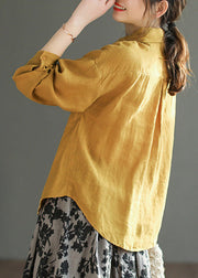 Organic Yellow Peter Pan Collar Embroideried Button Linen Shirts Long Sleeve