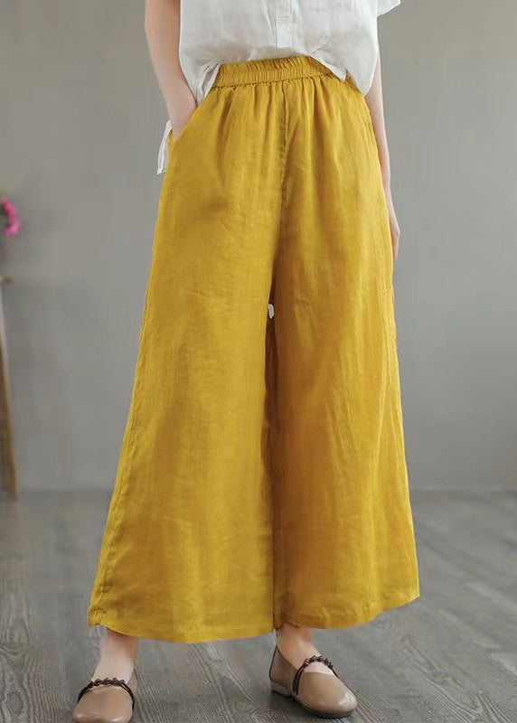 Organic Yellow Pockets Elastic Waist Linen Wide Leg Pants Summer
