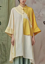 Organic Yellow Stand Collar Patchwork Long Dress Flare Sleeve