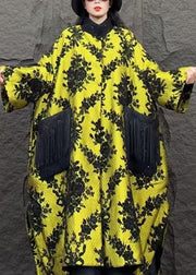 Organic Yellow Stand Collar Pockets Print Parka Winter