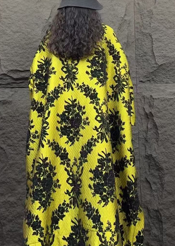 Organic Yellow Stand Collar Pockets Print Parka Winter