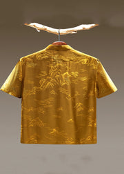 Organic Yellow Stand Collar Print Button Men Shirt Summer