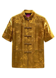 Organic Yellow Stand Collar Print Button Men Shirt Summer