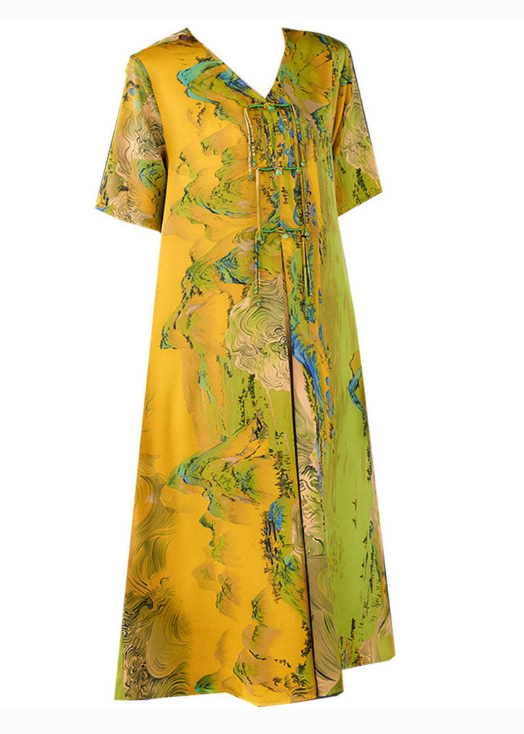 Organic Yellow Tasseled Print Patchwork Silk Dress Summer