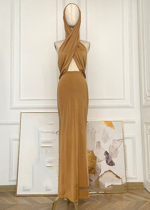 Organic Yellow Wrinkled Hollow Out Backless Hoode Long Dress Sleeveless