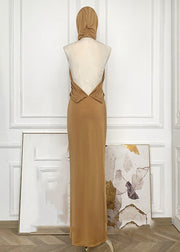 Organic Yellow Wrinkled Hollow Out Backless Hoode Long Dress Sleeveless