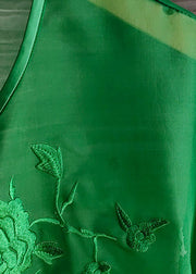 Organza Green O-Neck Embroideried Floral Low High Design Silk Mid Dress Long Sleeve