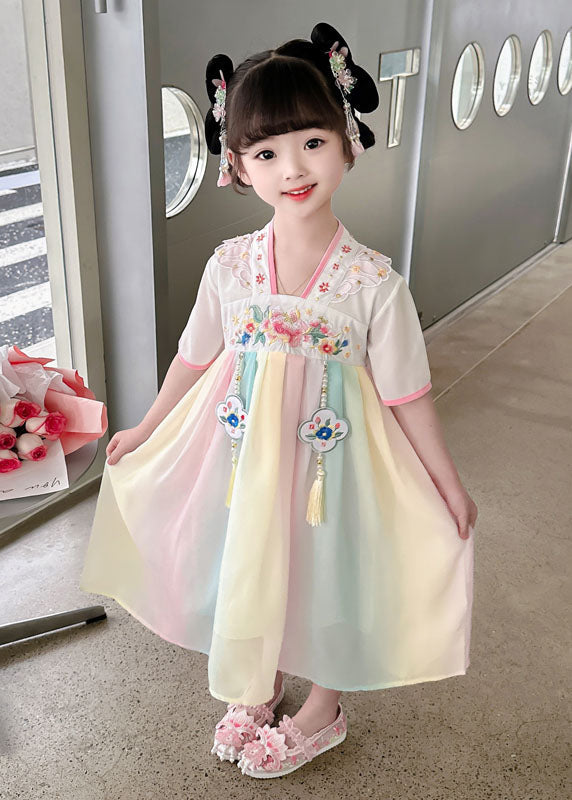 Oriental Green Tasseled Embroideried Patchwork Chiffon Baby Girls  Dress Summer