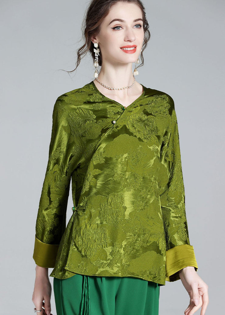 Oriental Green V Neck Jacquard Patchwork Silk Shirt Tops Spring