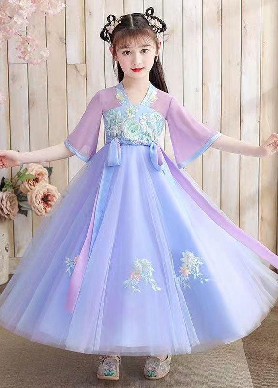 Oriental Purple Embroidered Tie Waist Patchwork Chiffon Kids Girls Dresses Summer