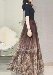 Oriental Style Coffee Print High Waist Tulle Skirt Spring